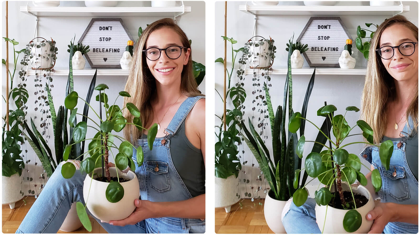 Maria happily poses with her favorite Pilea and other plants in front of her white wall with an antique, dark-colored clock.